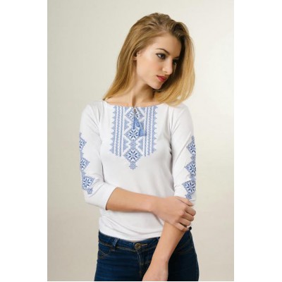Embroidered t-shirt with 3/4 sleeves "Gutsul Girl" blue on white
